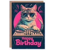 Artery8 Birthday Card Cat Lover DJ Decks Kitty Pink Blue Design For Her Gran Sister Niece Daughter Wife Woman Greeting Card
