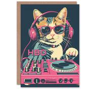 Artery8 Birthday Card Cat Lover DJ Decks Kitty Pink Blue HBD Design For Her Gran Sister Niece Daughter Wife Woman Greeting Card