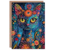 Artery8 Birthday Card Cat Lover Floral Folk Art Spirit Guide For Her Gran Sister Niece Daughter Wife Woman Greeting Card