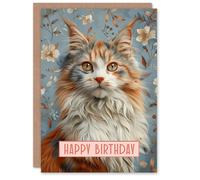 Artery8 Birthday Card Cat Lover Fluffy Maine Coon Retro Floral Pattern For Her Gran Sister Niece Daughter Wife Woman Greeting Card