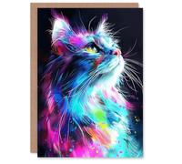 Artery8 Birthday Card Cat Lover Galactic Kitty Neon Colour Portrait For Her Gran Sister Niece Daughter Wife Woman Greeting Card Personalised