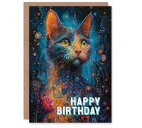 Artery8 Birthday Card Cat Lover Galactic Kitty Psychedelic Concept Art For Her Gran Sister Niece Daughter Wife Woman Greeting Card