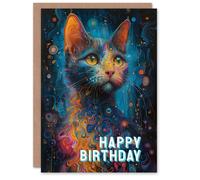 Artery8 Birthday Card Cat Lover Galactic Kitty Psychedelic Concept Art For Her Gran Sister Niece Daughter Wife Woman Greeting Card