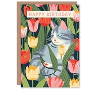 Artery8 Birthday Card Cat Lover Grey Kitty Laying in Tulip Flower Field For Her Gran Sister Niece Daughter Wife Woman Greeting Card