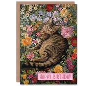 Artery8 Birthday Card Cat Lover Grey Tabby Laying in Flower Meadow For Her Gran Sister Niece Daughter Wife Woman Greeting Card