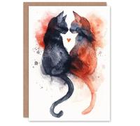 Artery8 Birthday Card Cat Lover Kitten Couple Love Kiss Watercolour Blank Arty Art All Occasion Greeting Card