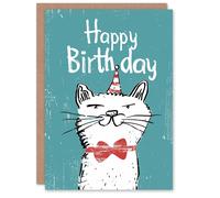 Artery8 Birthday Card Cat Lover Kitty Bow Tie Party Hat Drawing For Child Kids Greeting Card