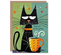 Artery8 Birthday Card Cat Lover Kitty With Coffee Abstract Cartoon For Her Gran Sister Niece Daughter Wife Woman Greeting Card