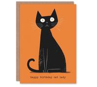 Artery8 Birthday Card Cat Lover Lady Mid Century Modern Black Pet Orange For Her Gran Sister Niece Daughter Wife Woman Greeting Card
