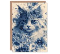 Artery8 Birthday Card Cat Lover Maine Coon Blue Floral Chinese Pattern For Her Gran Sister Niece Daughter Wife Woman Greeting Card