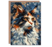 Artery8 Birthday Card Cat Lover Maine Coon Orange Blue Floral Pattern For Her Gran Sister Niece Daughter Wife Woman Greeting Card