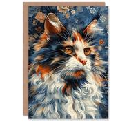 Artery8 Birthday Card Cat Lover Maine Coon Orange Blue Floral Pattern For Her Gran Sister Niece Daughter Wife Woman Greeting Card