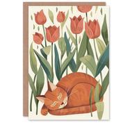 Artery8 Birthday Card Cat Lover Orange Tabby Sleeping Among Tulips For Her Gran Sister Niece Daughter Wife Woman Greeting Card