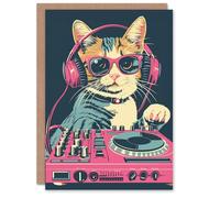 Artery8 Birthday Card Cat Lover Pink Blue DJ Decks Kitty Design For Her Gran Sister Niece Daughter Wife Woman Greeting Card