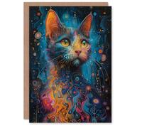 Artery8 Birthday Card Cat Lover Psychedelic Concept Art Galactic Kitty For Her Gran Sister Niece Daughter Wife Woman Greeting Card