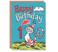 Artery8 Birthday Card Cat Lover Red Stripes Hat Kitty Strange Fun 1st First One Year Old For Child Kids Son Daughter Greeting Card in Blue Artery8 Blue