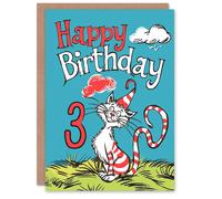 Artery8 Birthday Card Cat Lover Red Stripes Hat Kitty Strange Fun 3rd 3 Year Old For Child Kids Son Daughter Greeting Card in Blue Artery8 Blue