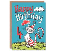 Artery8 Birthday Card Cat Lover Red Stripes Hat Kitty Strange Fun 4th 4 Year Old For Child Kids Son Daughter Greeting Card