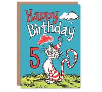 Artery8 Birthday Card Cat Lover Red Stripes Hat Kitty Strange Fun 5th 5 Year Old For Child Kids Son Daughter Greeting Card in Blue Artery8 Blue