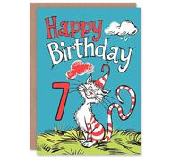 Artery8 Birthday Card Cat Lover Red Stripes Hat Kitty Strange Fun 7th 7 Year Old For Child Kids Son Daughter Greeting Card