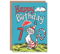 Artery8 Birthday Card Cat Lover Red Stripes Hat Kitty Strange Fun 7th 7 Year Old For Child Kids Son Daughter Greeting Card in Blue Artery8 Blue