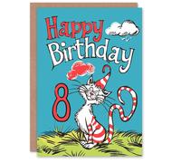 Artery8 Birthday Card Cat Lover Red Stripes Hat Kitty Strange Fun 8th 8 Year Old For Child Kids Son Daughter Greeting Card in Blue Artery8 Blue