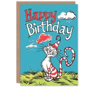 Artery8 Birthday Card Cat Lover Red Stripes Hat Kitty Strange Fun For Child Kids Son Daughter Greeting Card in Blue Artery8 Blue