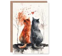 Artery8 Birthday Card Cat Lover Tabby Couple Love Autumn Watercolour Blank Arty Art All Occasion Greeting Card