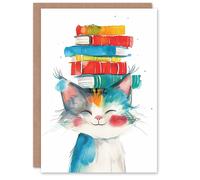 Artery8 Birthday Card Cat Pet Kitten with Book Stack Bright Watercolour For Son Daughter Girl Boy Kids Happy Card