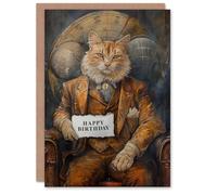 Artery8 Birthday Card Cat Traveller Steampunk Painting Antique For Him Man Male Dad Brother Son Papa Grandad Greeting Card