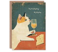 Artery8 Birthday Card Cat Wino Cheese Lover Fun Artwork Sophisticated Pet Artery8 Multicolor