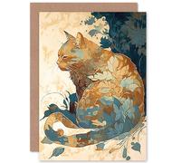 Artery8 Birthday Card Cat with Leaf Pattern Fur Coat Modern Teal & Ochre Art Birthday Artery8 Multicolor