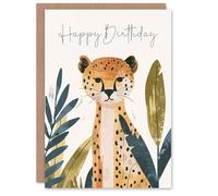 Artery8 Birthday Card Cheetah Jungle Plants Bright Illustration For Son Daughter Girl Boy Kids Happy Card