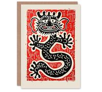 Artery8 Birthday Card Chinese Dragon Traditional Asian Art Red Black Print For Him Her Man Woman Girl Boy Wife Husband Greeting Card