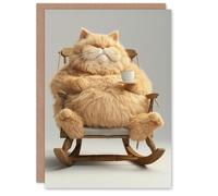 Artery8 Birthday Card Chonk Cat Tea in Chair Cute Fluffy Kawaii Blank Arty Art All Occasion Greeting Card