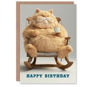 Artery8 Birthday Card Chonk Cat Tea in Chair Cute Kawaii For Him Man Male Dad Brother Son Papa Grandad Greeting Card