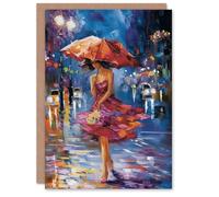 Artery8 Birthday Card City Lady Night Out Rain Umbrella Oil Painting For Her Gran Sister Niece Daughter Wife Woman Greeting Card