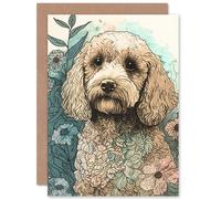 Artery8 Cockapoo Dog in Wildflower Field Pastel Watercolour Illustration Art Birthday Sealed Greeting Card Plus Envelope Blank inside