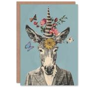 Artery8 Birthday Card Collage Party Time Stylish Floral Donkey Portrait Blank Arty Art All Occasion Greeting Card