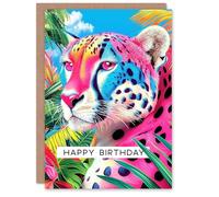 Artery8 Birthday Card Colourful Cheetah And Jungle Plants Animal Lover Blank For Him Or Her Art Greeting Card