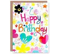 Artery8 Birthday Card Colourful Child Drawing Lovehearts Flowers For Her Gran Sister Niece Daughter Wife Woman Greeting Card