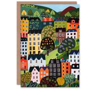 Artery8 Birthday Card Colourful Country Village Folk Art Painting in Green Artery8 Green