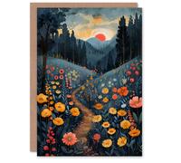 Artery8 Birthday Card Colourful Flower Path Forest Landscape Sunrise in Blue Artery8 Blue
