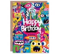 Artery8 Birthday Card Colourful Monsters Party Cartoon Fun For Child Kids Son Daughter Greeting Card