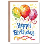 Artery8 Birthday Card Colourful Watercolour Splash Balloons Painting For Him Her Man Woman Girl Boy Wife Husband Greeting Card