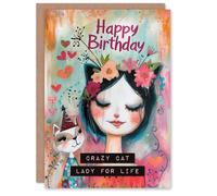 Artery8 Birthday Card Crazy Cat Lady For Life Cute Cat Lover Portrait For Her Gran Sister Niece Daughter Wife Woman Greeting Card