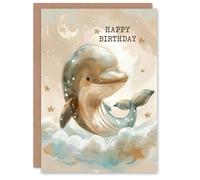 Artery8 Birthday Card Cute Baby Dolphin Soft Clouds Stars For Son Daughter Girl Boy Kids Happy Card