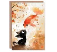Artery8 Birthday Card Cute Black Cat Flying Goldfish Autumn Illustration For Son Daughter Girl Boy Kids Happy Card