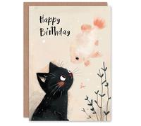 Artery8 Birthday Card Cute Black Kitten Flying Goldfish Illustration For Son Daughter Girl Boy Kids Happy Card