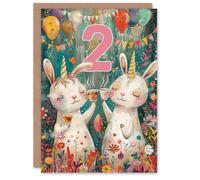 Artery8 Birthday Card Cute Bunny Rabbit Unicorn Balloons Forest Party 2nd 2 Year Old For Child Kids Son Daughter Greeting Card